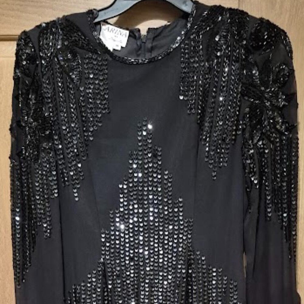 VINTAGE CARINA WOMEN'S BLACK SEQUIN DRESS BY BARRY LEE. SIZE MEDIUM.